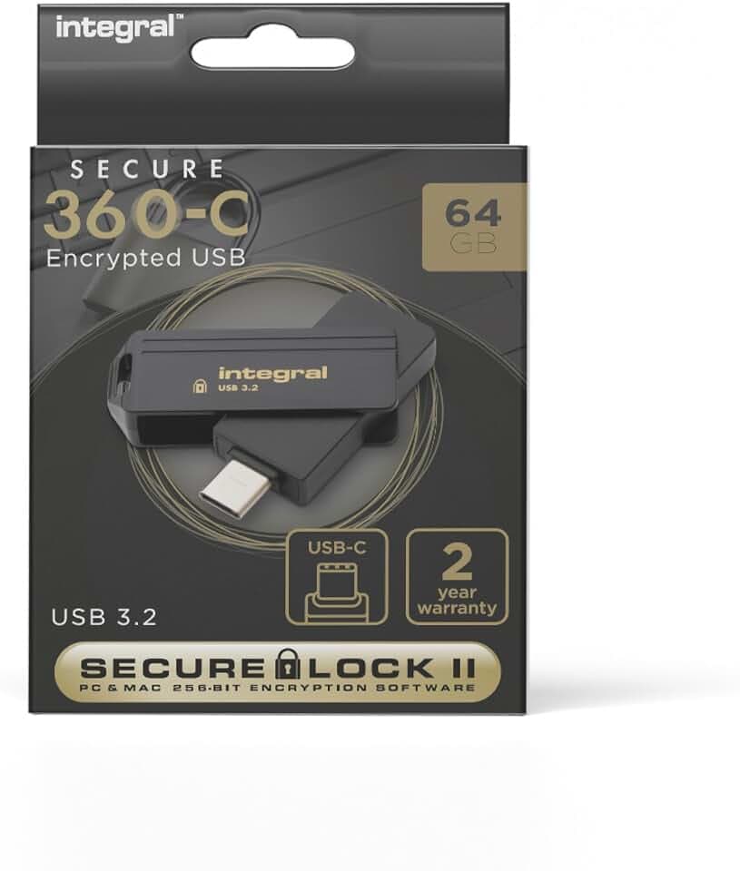Integral Secure 360-C 64 GB Software-verschlüsselter USB-Flash-Laufwerk – USB-C-Anschluss – 256-Bit-AES-Verschlüsselung – kompatibel mit Mac, MacBook, PC, Laptop
