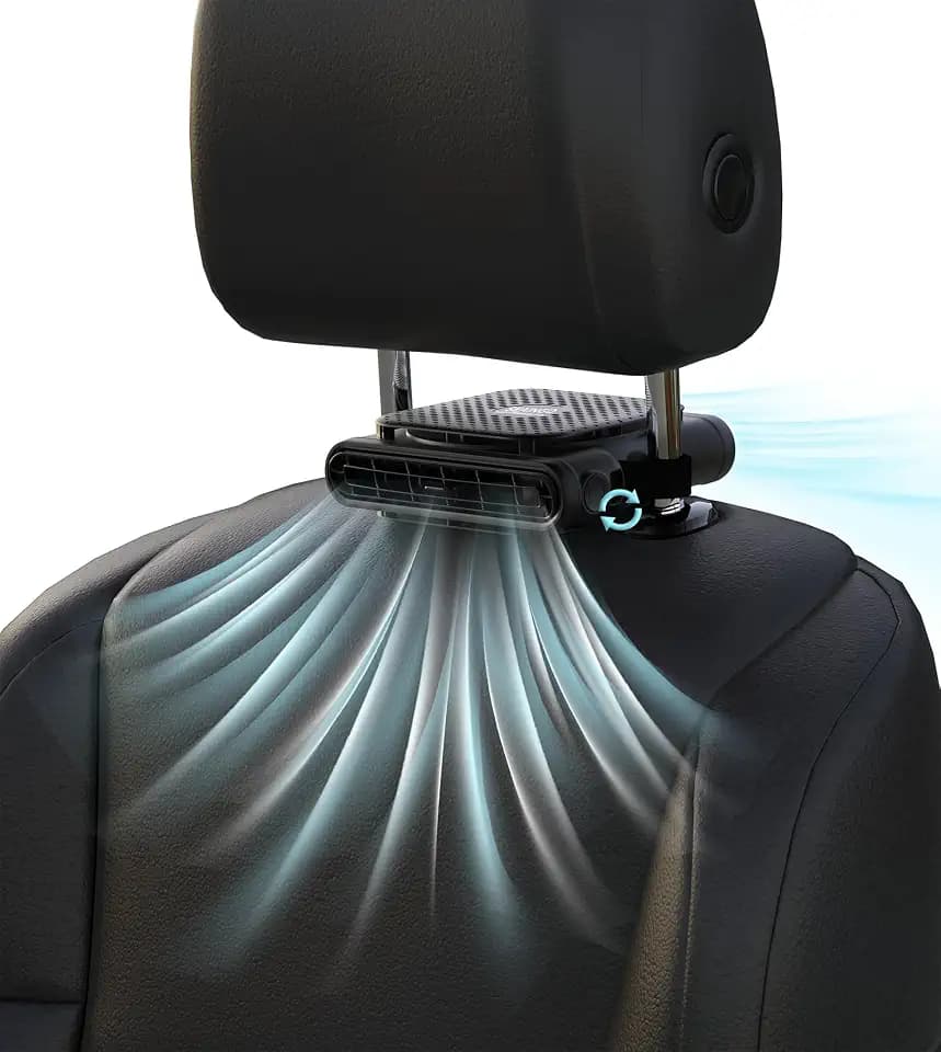 SEAINGO Car Headrest Fan, Plug-in Only, No Built-in Battery, Fits 4.6-6.2 in Headrest Post Spacing, 3-Speed Back Seat Fan with Reversible Front or Rear Airflow, Black