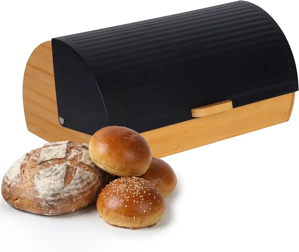 Relaxdays Brotkasten Bambus mit Klappdeckel, schwarz/natur