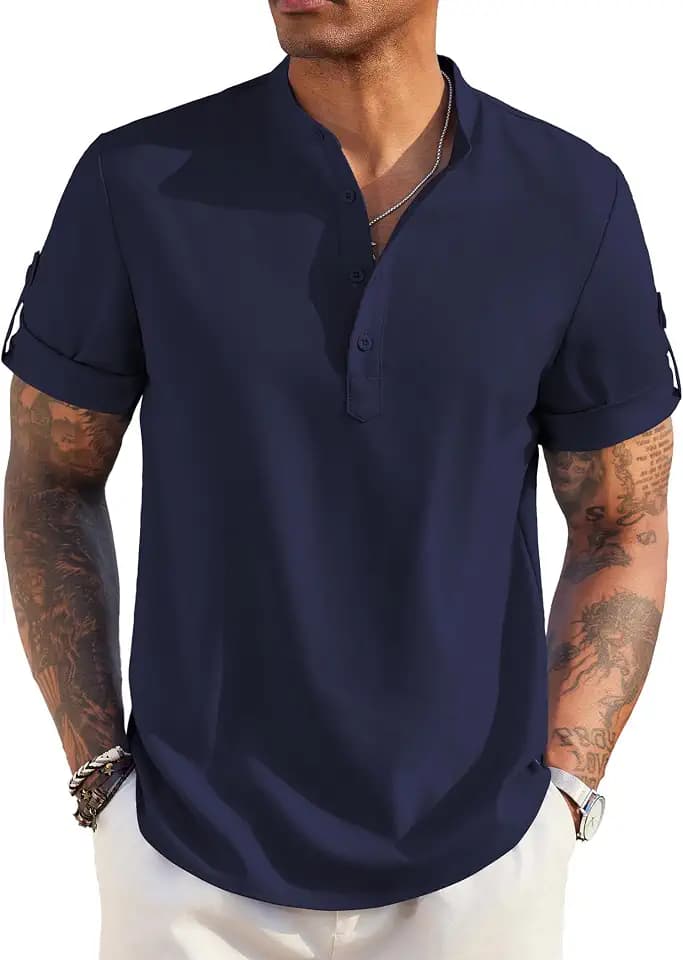 COOFANDY Men's Casual Henley Shirt Short Sleeve Linen Shirt Summer T-Shirts