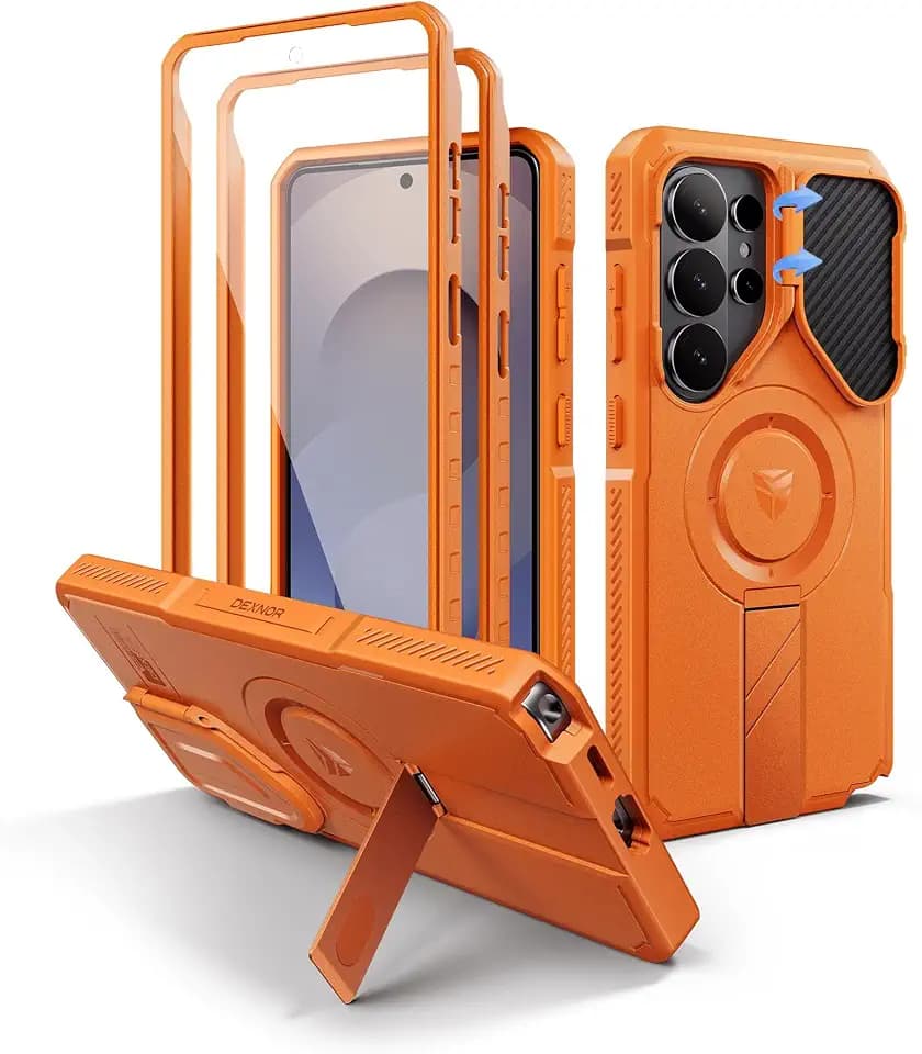 Dexnor for Samsung Galaxy S26 Ultra Case with Camera Cover & Adjustable Kickstand & Screen Protector, Compatible with MagSafe, Rugged Shockproof Bumper Cases Magnetic Protective Cover(2026),Orange