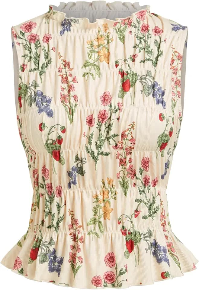 CIDER Floral Crop Tank Tops for Women Ruffle Tiered Shirred Sleeveless Cute Summer Tops Trendy Going Out Outfits