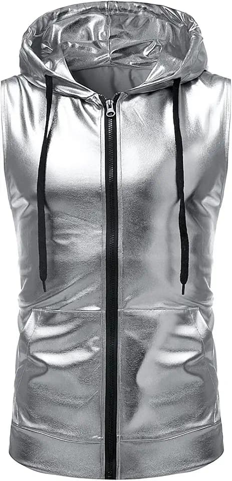 PARKLEES Herren Hipster Metallic Pailletten Reißverschluss Ärmellos Kapuzenweste T-Shirt mit Kängurutasche