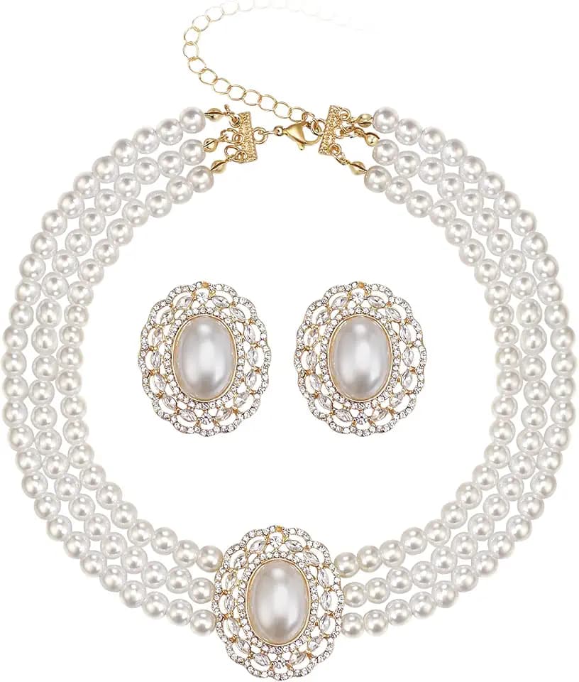 BriLove 1920s Gatsby Faux Pearls Jewelry for Costume Party,Gorgeous Rhinestone Layered Chunky Vintage Inspired Simulated Pearl Necklace Stud Earrings Set for Party Prom Accessories