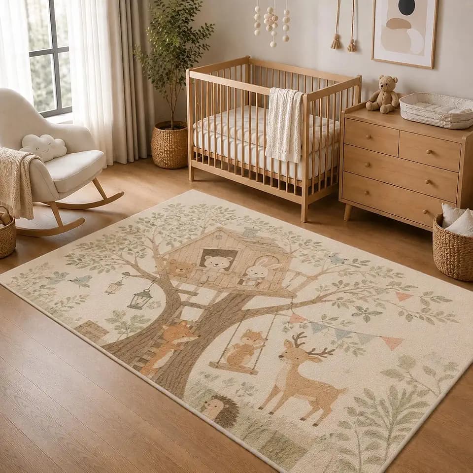 ICE ARMOR 5' x 7' Woodland Treehouse Friends Area Rug, Soft Low Pile Indoor Rug with Non-Slip Silicone Backing, Nursery Carpet for Kids Room, Playroom, Kids and Pets, Beige Green