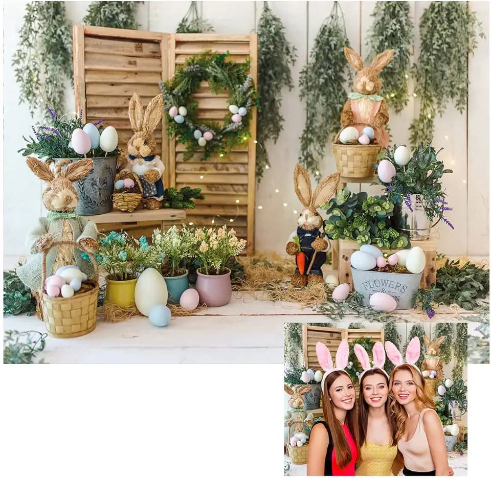 7X5FT Spring Easter Photography Backdrops Spring Garden Rabbit Decoration Flower Stand Photography Background Party Supplies Newborn Baby Portrait Photo Booth Props DH-173