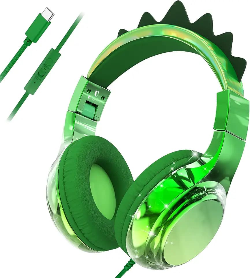 QearFun USB C Kids Dinosaur Wired Headphones with Mic, 85/94dB Volume Limit