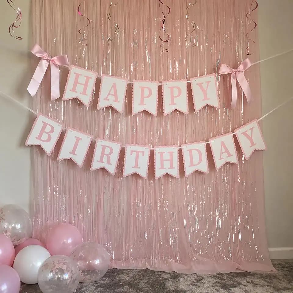 Pink Happy Birthday Banner with Satin Bows, Coquette Birthday Decorations