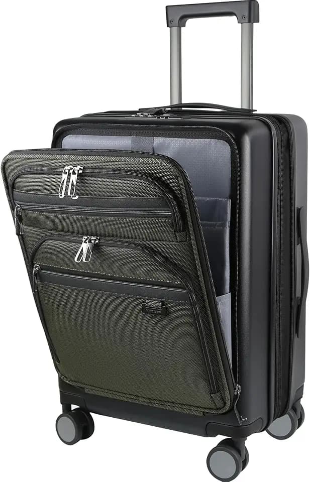 KROSER Hardside Expandable Carry On Luggage 22x14x9 Airline Approved With Front Business Pockets, 20 Inch Suitcases with Wheels, Carry on Suitcase with TSA Lock & USB Port, Black-Army Green