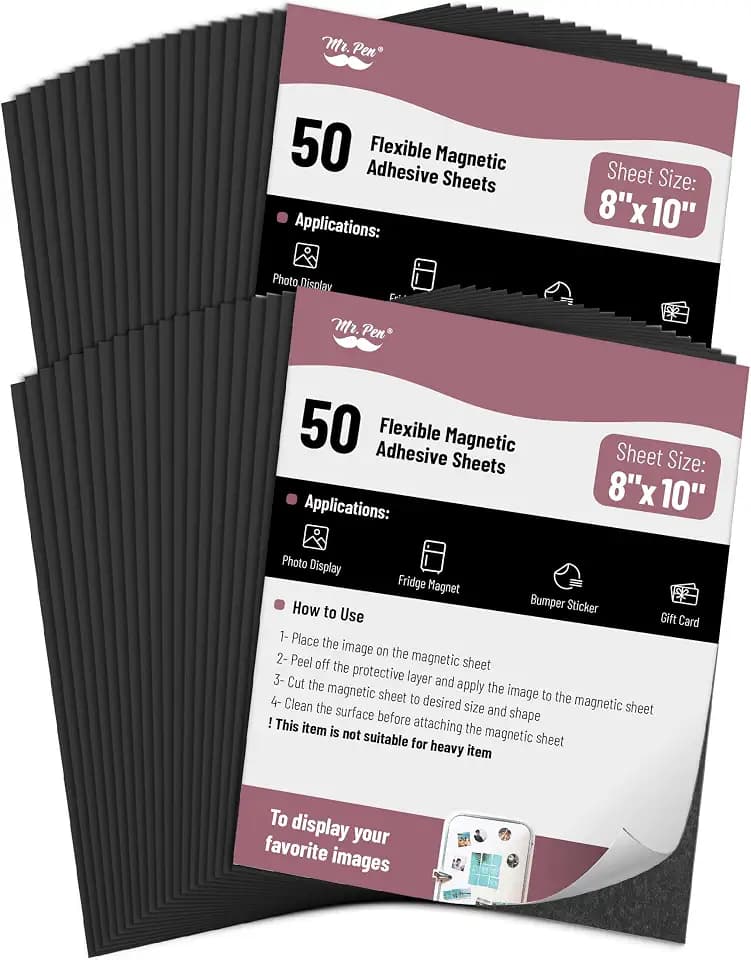 Mr. Pen- Adhesive Magnetic Sheets, 8" x 10", 50 Pack, Cuttable Magnets Flexible Magnet Sheets with Adhesive for Crafts Photos, Classroom Decorations, Easy Peel and Stickers for Planning