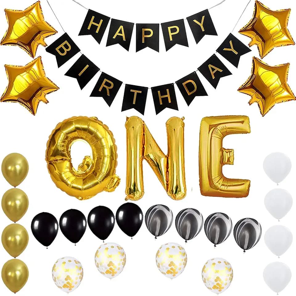 Happy One Birthday Banner Balloons Set for 1 Years Old Birthday Party Decoration Supplies Gold Black