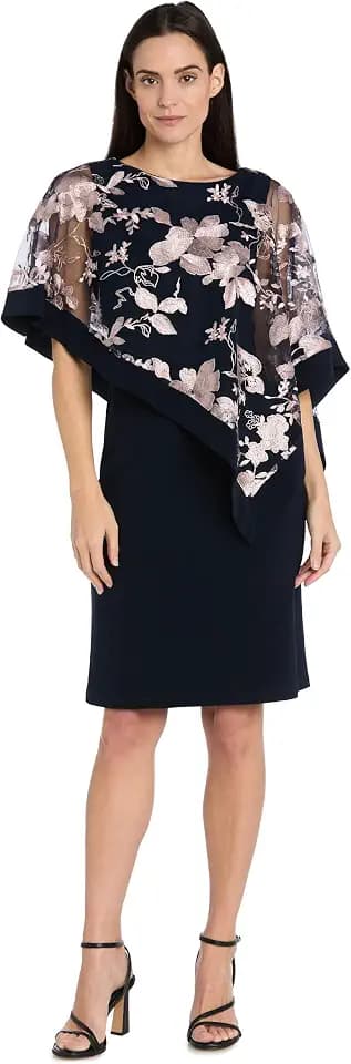 Elegant Knee-Length Floral Threadwork Poncho Dress W/Sheer Overlay