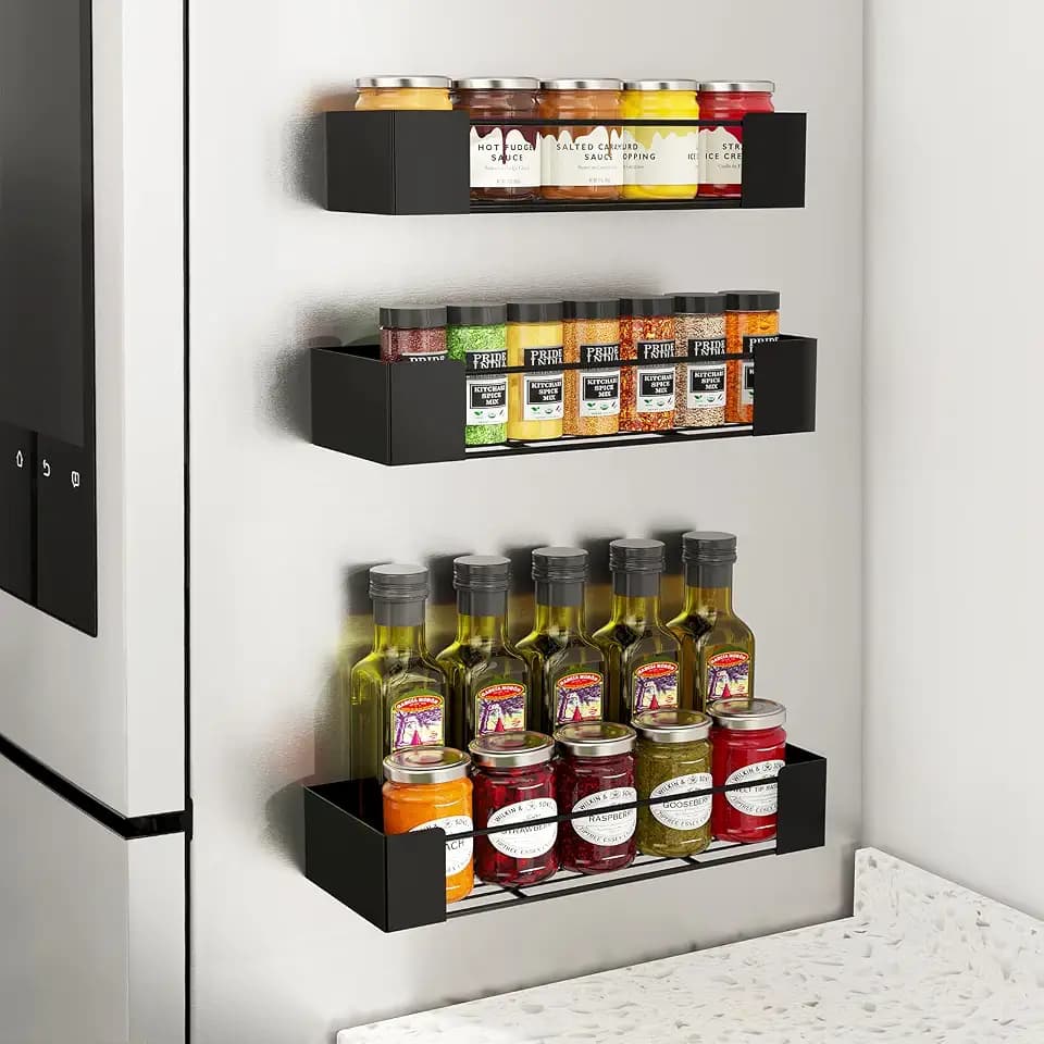 Golden Bell Magnetisches Gewürzregal ohne Bohren für Kühlschrank, 3er Pack Gewürzhalter Schwarz aus Metall in 3 Größen, Platzsparender Küchenorganizer Magnetregal für Gewürzdosen
