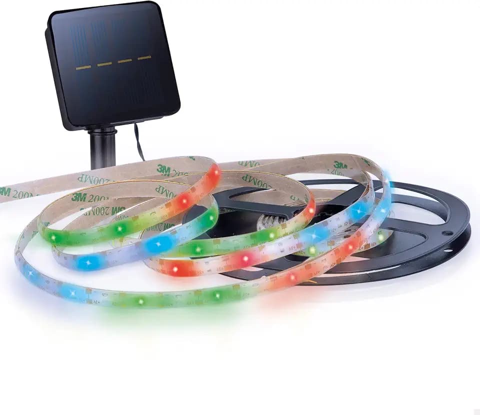 Aktiver mehrfarbiger selbstklebender Solar-LED-Streifen | 90 LED-Leuchten – 3 m mehrfarbiges Licht und 4 Meter Gesamtverlängerung | Solarladesystem mit 5 Lumen Leistung | Wasserdicht mit IP44-Schutz