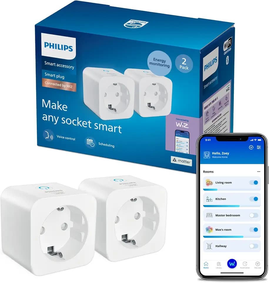 Philips Smart Lighting Smart Plug Matter Typ F, Automatisierungen, Sprach-/App-Steuerung, Connected by WiZ, 2 Pack