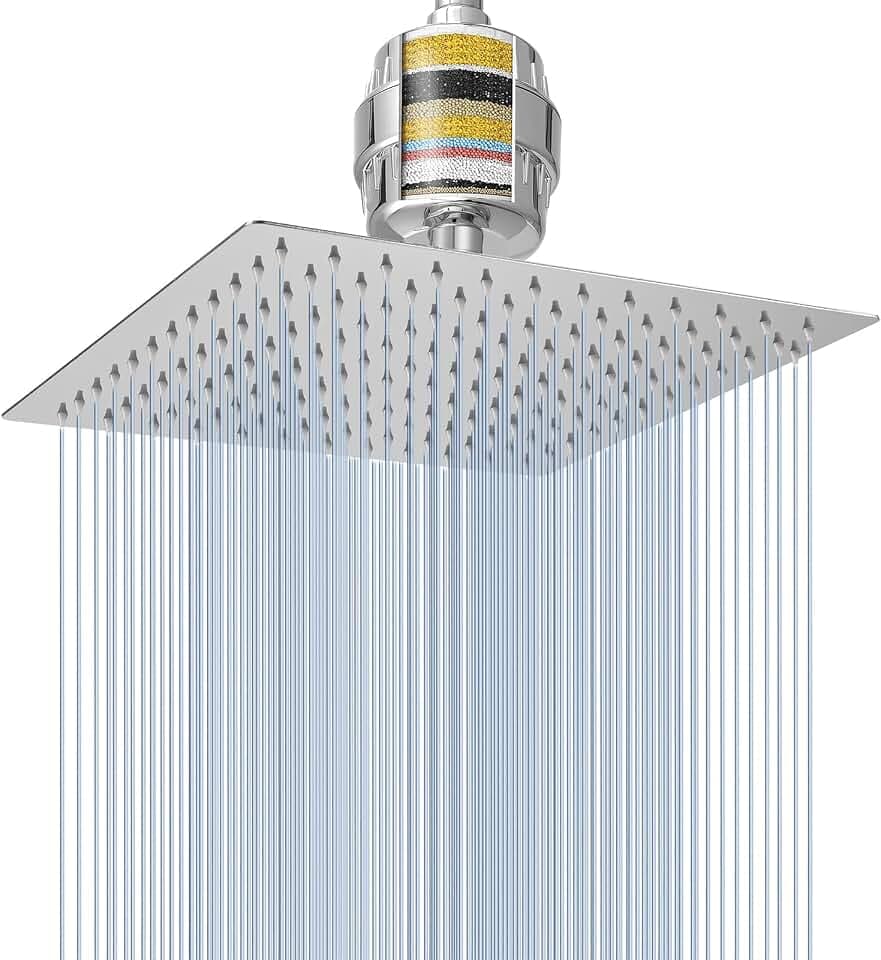 Kombination aus Voolan-Regenduschkopf und 15-Stufigem Duschfilter, Hochdruck-Regenduschköpfe aus Edelstahl, Wasserenthärtungsfilterkartusche für Hartes Wasser (20cm, Quadrat)
