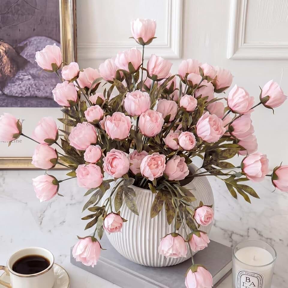 Thiccywoov Faux Silk Peony Artificial Flowers Stem for Vase,8 Pcs,Pink