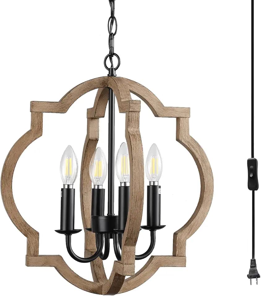Plug in Chandelier with 16.4ft Cord,Plug in Pendant Light,Orb Wood Farmhouse Light fixtures,Outdoor Chandelier for Gazebo, 4 Light,Wood Color