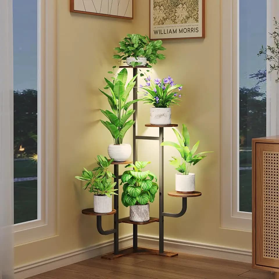 Homsorout Corner Plant Stand with Grow Light - 6 Tier Plant Stand Indoor Round Metal Plant Shelf with Adjustable Light, Plant Organizer for Living Room, Garden, Home Decor, Brown