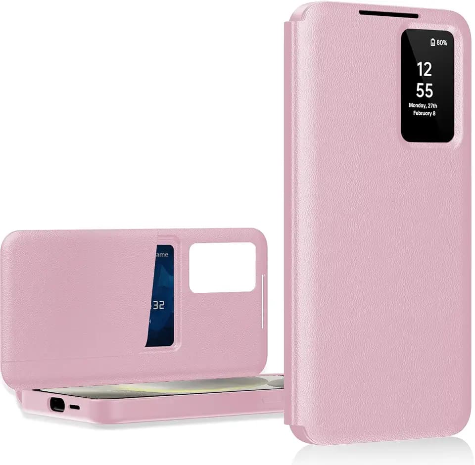 for Samsung S25 Case with Smart Small Screen View, S-View Wallet Phone Case, for Samsung Galaxy S25 5G Case Smart Window Cover, Flip Leather Protective Smart View Pink