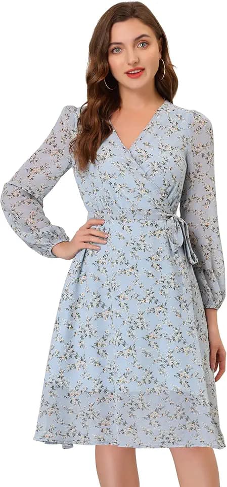 Allegra K Women's Chiffon Floral Sexy Deep V Neck Tie Waist Bishop Sleeve Casual Wrap Midi Dress