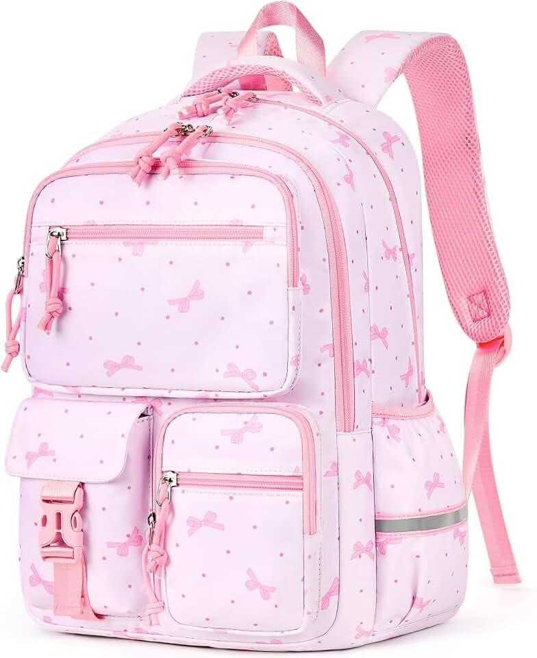 mibasies Backpack for Girls: 17.8IN Kids School Backpack for Elementary Primary - Bookbag with Laptop Compartment - Pink Bow