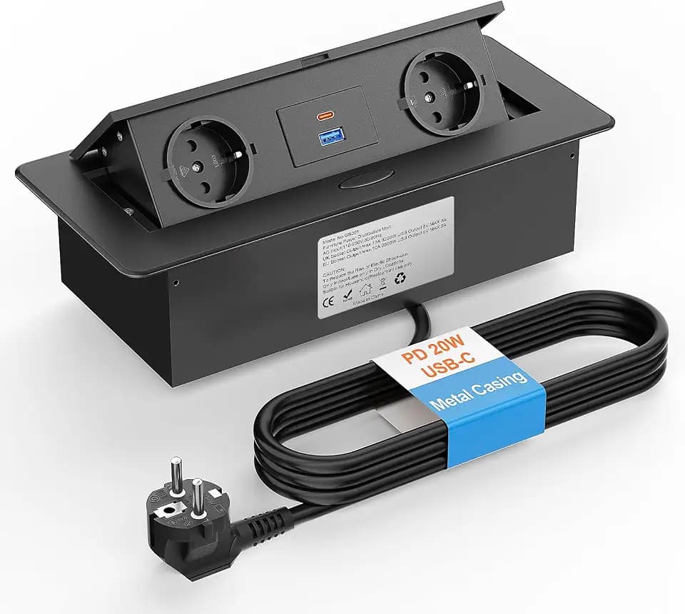 Ohuo Versenkbare Steckdose mit USB C 20W, Einbausteckdose Versenkbar 2fach Aluminium Versenkbare Steckdosenleiste Schwarz, 1,8M Kabel