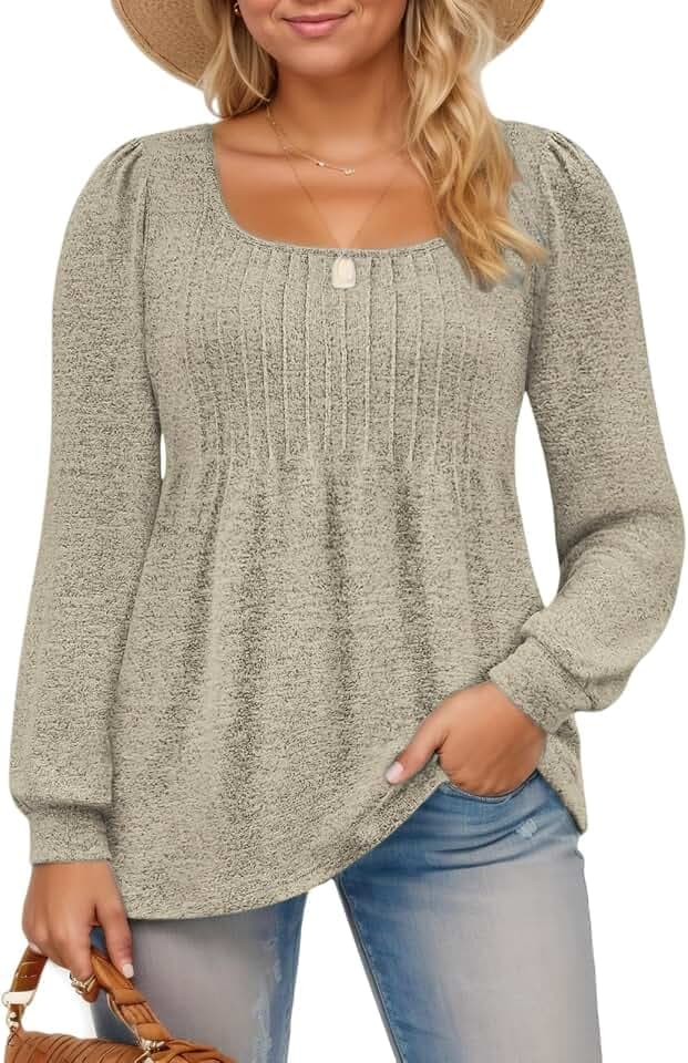 ROSRISS Womens-Plus-Size-Tops Trendy Puff Long Sleeve Shirts Dressy Scoop Neck Loose Fit Blouses Casual Pleated Flowy Tunics