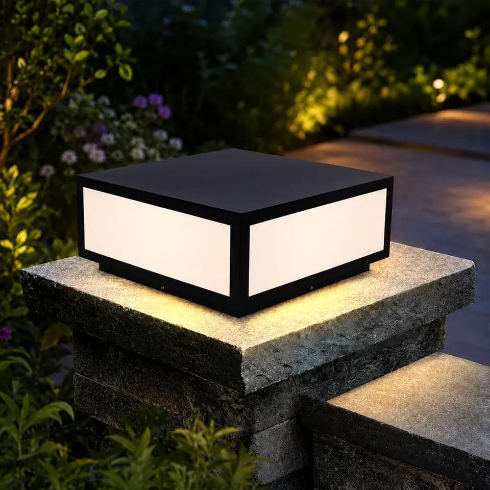 Modern Column Post Cap Light, 15.74 x 15.74 Inch Outdoor LED Pillar Lantern, Wired High Voltage E26 E27 Base Post Light for Garden Patio Deck Fence Decoration Black