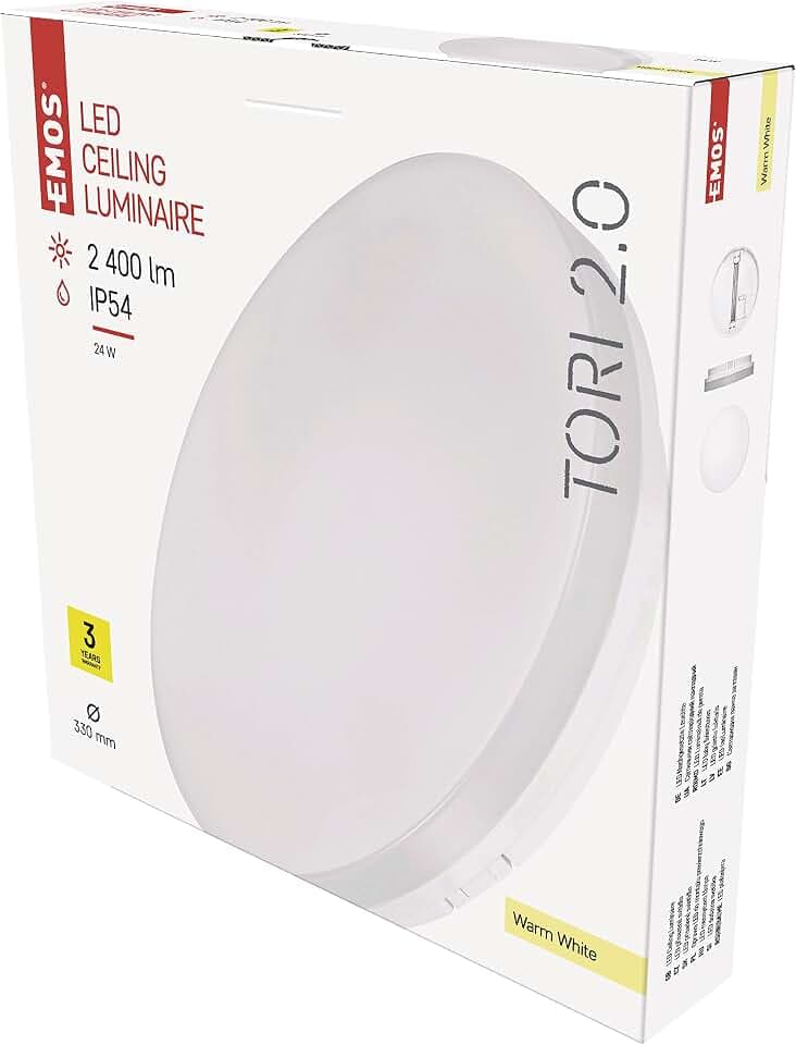 EMOS LED-Deckenleuchte TORI, wasserdichte 24 W Badlampe für Außen und Innen, 2400 lm runde Flurlampe/Badezimmerlampe, warmweiß 3000K, Deckenlampe für Flur, Bad, Küche, Ø33cm