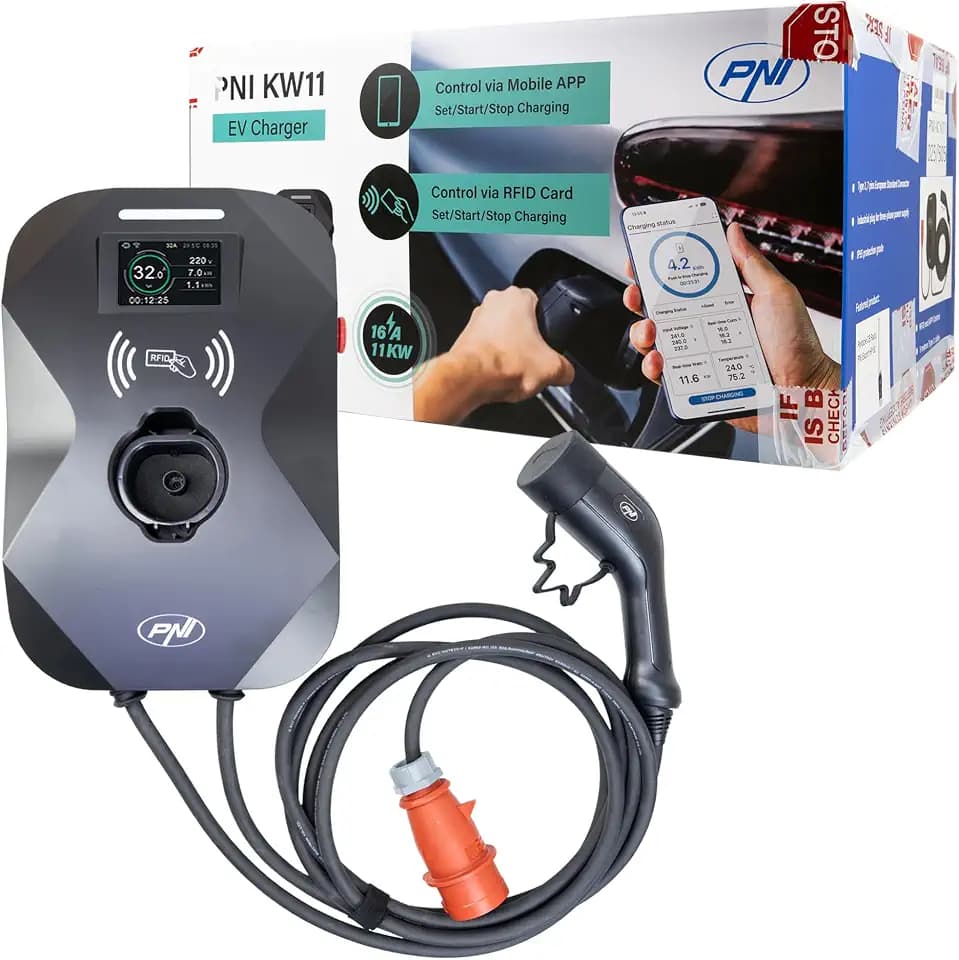PNI KW11 16A, 11KW Ladestation, für Elektroautos, 85V - 415V, dreiphasig, 7-poliges Typ2-Kabel, 3,5 Zoll Bildschirm, mit Bluetooth, Anwendungssteuerung und RFID-Karte, IP55