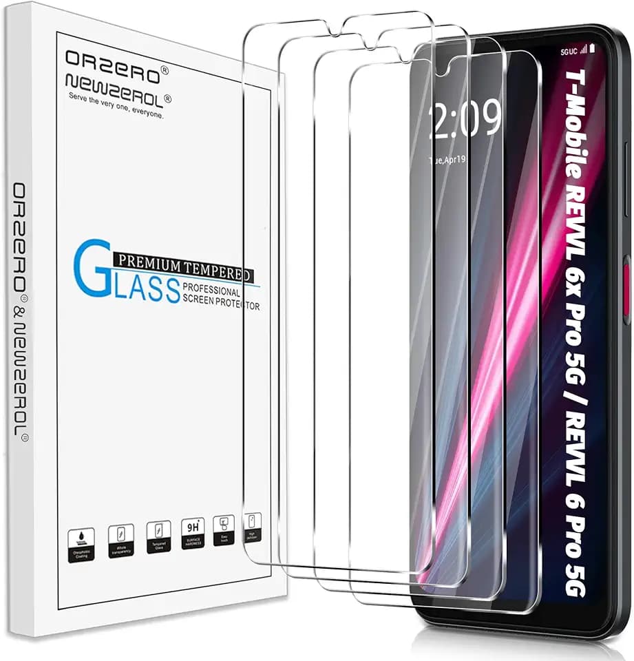 Orzero (4 Pack Tempered Glass Screen Protector Compatible for T-Mobile REVVL 6x Pro 5G / REVVL 6 Pro 5G 6.82 inch, Protector De Pantalla 2.5D Arc Edges 9H HD Bubble-Free