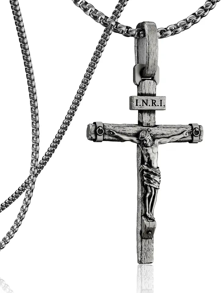 Catholic Crucifix Necklace for Men, Antique Gold and Silver Tone