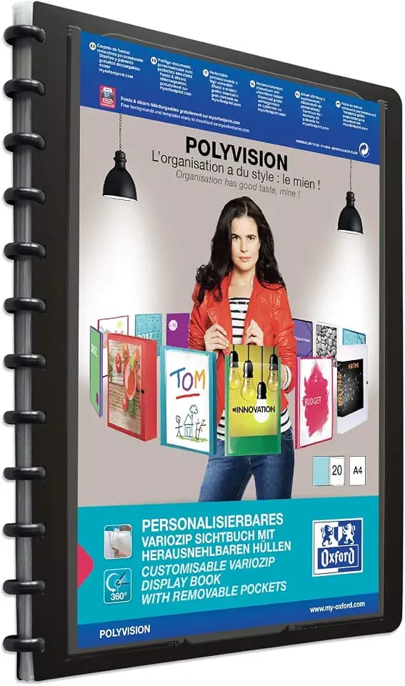 Oxford Ring-Mappe A4 Polyvision, Präsentations-Buch mit 20 Hüllen, Vario-Zipp, Austausch- und erweiterbar, schwarz, 1 Stück