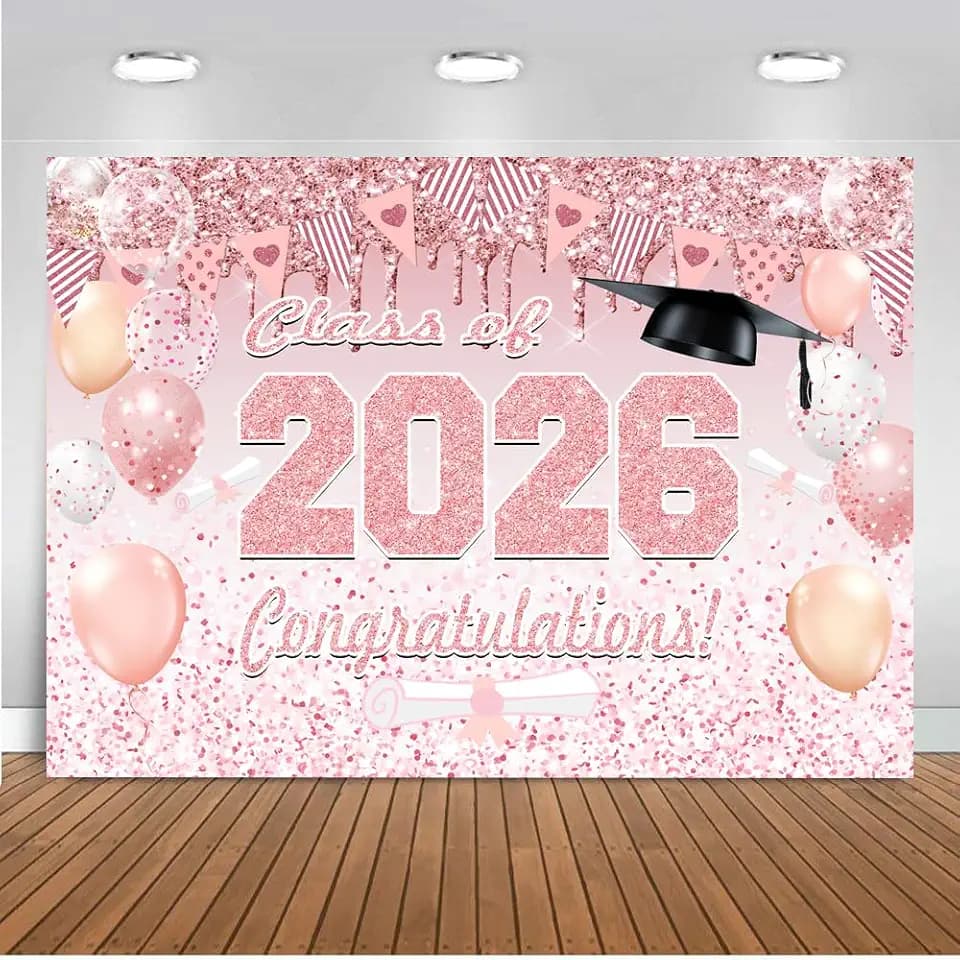 7X5FT Pink Graduation Backdrop Decorations Class of 2026 Congratulations to Graduates for Decorating The Graduation Party Banner DH-606