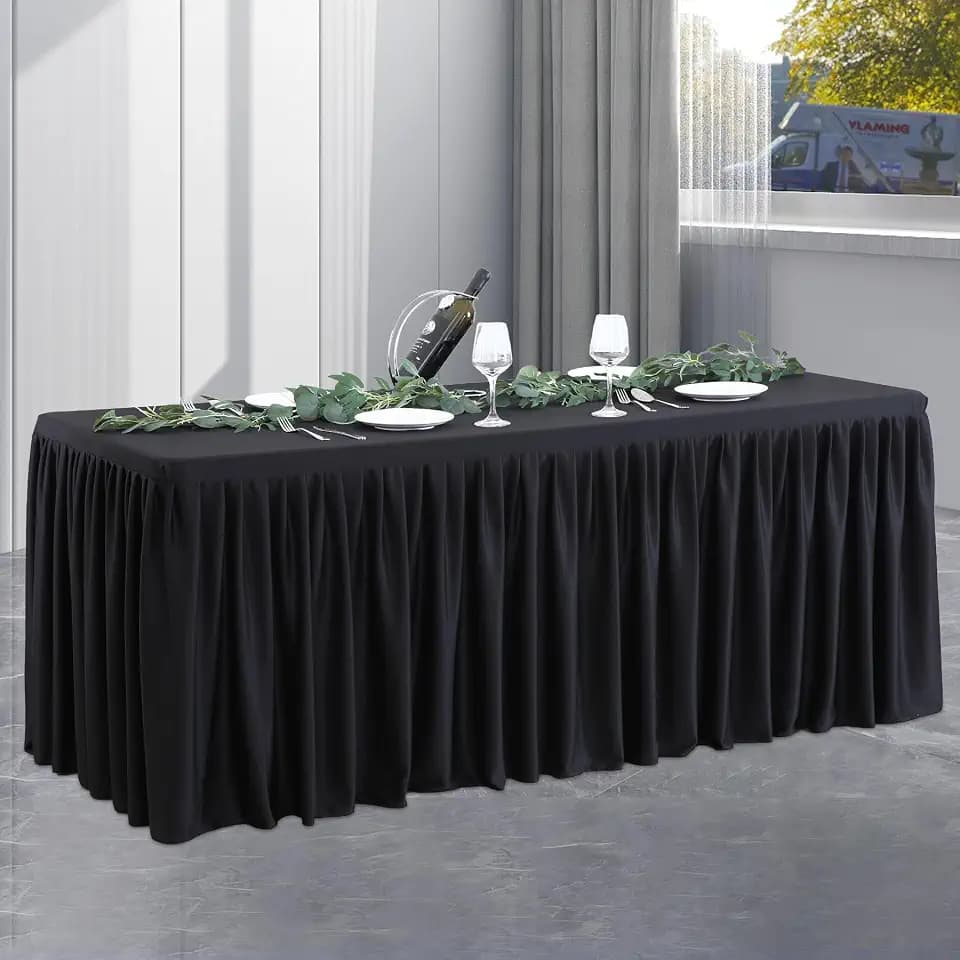 Black Polyester Table Clothes for 4 Foot Rectangle Tables, Wrinkle Free Fitted Table Cover 4ft Stretch Tablecloths with Skirt for Parties Weddings Birthday Banquet Baby Shower