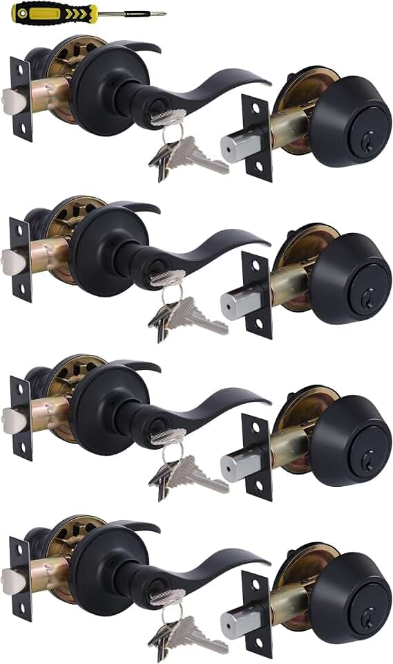 Lanwandeng Keyed Alike Front Door Lever Lockset with Single Cylinder Deadbolt Combination Set, All Keyed Same Exterior Door Handle with Lock and Deadbolt,Black Finished, 4 Sets