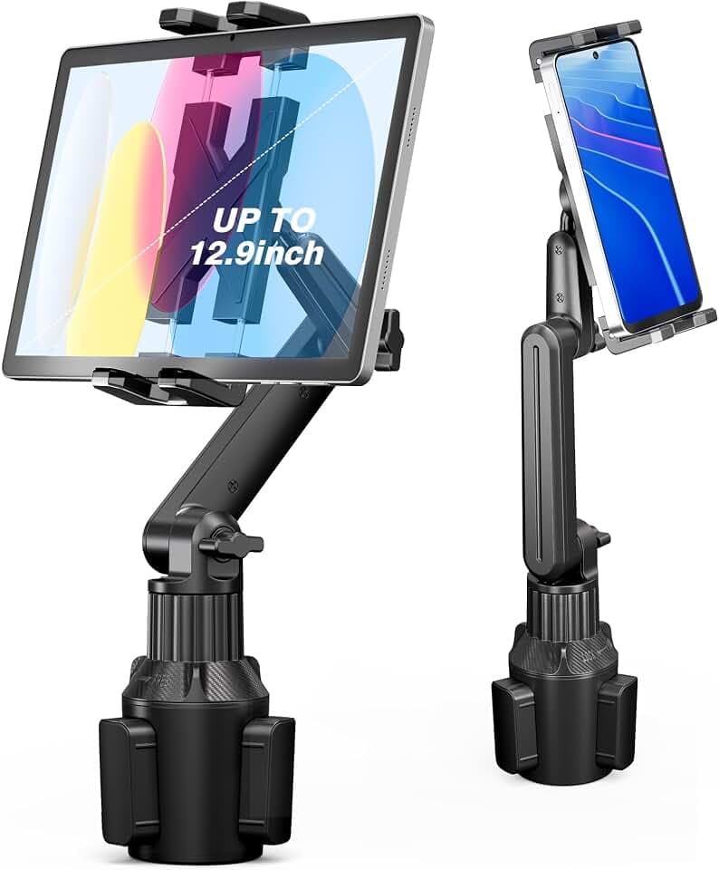 Cup Holder Car Tablet Mount for Truck, Ipad Cup Holder Car Mount with 15" Adjustable Arm Stand for Tablet iPhone 4.7-13in, iPad Pro Air Mini, Fire, iPhone 16 15, Galaxy S25 S24 Z Fold 6 5