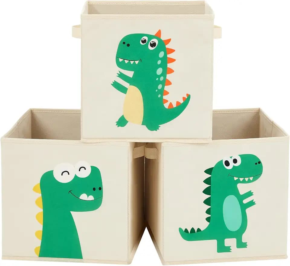 SONGMICS Aufbewahrungsbox, 3er Set, Aufbewahrungskorb, Spielzeugaufbewahrung, Stoffboxen, 30 x 30 x 30 cm, faltbar, mit Griffen, Schlafzimmer, Spielzimmer, Dinosaurier-Motive, beige RFB704W03