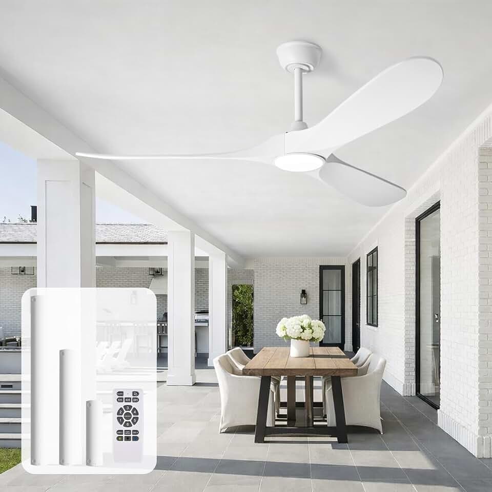 heimo 52 Inch White Ceiling Fan with Light and Remote, Wood Outdoor Ceiling Fans with Lights Dimmable for Bedroom Living Room Patios Kitchen Modern 3 Blade Propeller Indoor Fan
