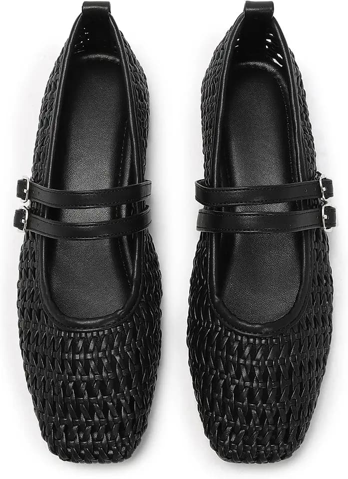 Women's Square Toe Mary Jane Woven Mesh Flats, Adjustable Buckle Strap