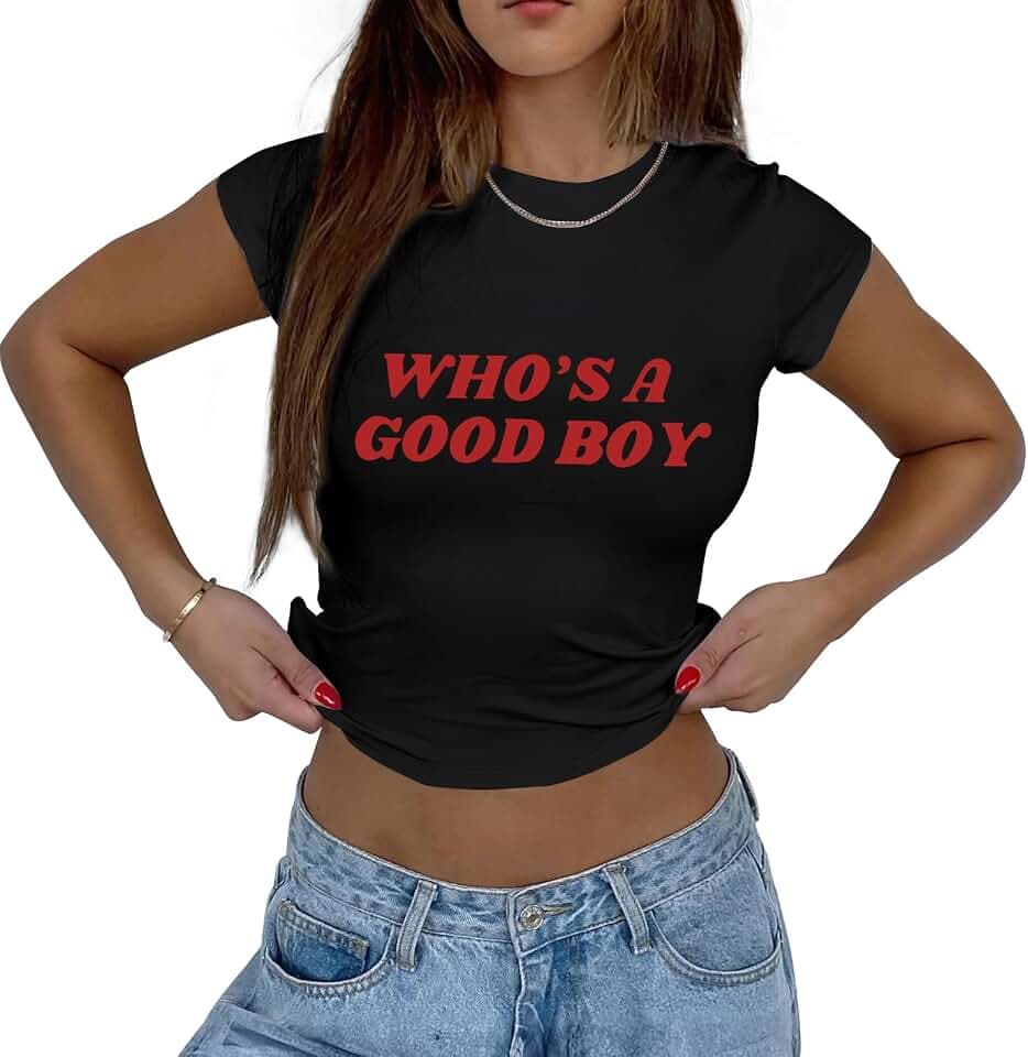 Funny Y2k Crop Tops for Women Who's A Good Boy Print Baby Tee Grunge Cropped Short Sleeve Shirts Casual Slim Fit Top