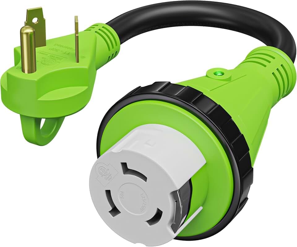 Trailer dogbone Adapter 30 amp Male to 50 amp Female Locking Connector with LED Power Indicator (LC-DB-3050T)