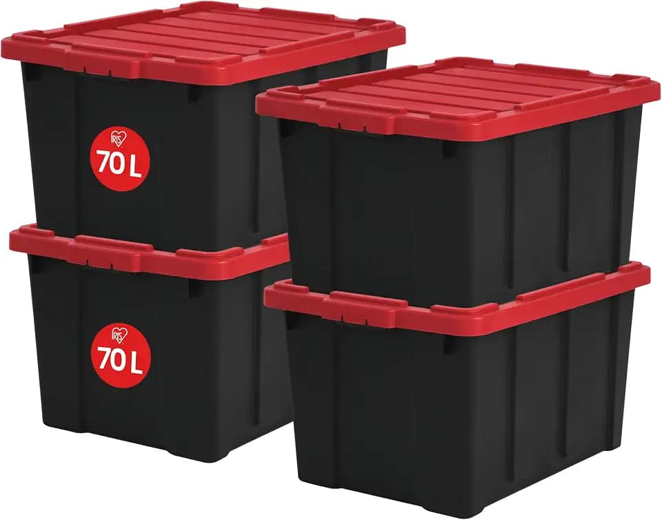Iris Ohyama Heavy Duty Organisation Boxes, 68L, 4er-Set, Rot, Groß, Robust, Stapelbar, Aufbewahrungsbox, Für Garage, Regale, Umzug, Plastik, Utility, Werkzeugkiste, DDSKT-700