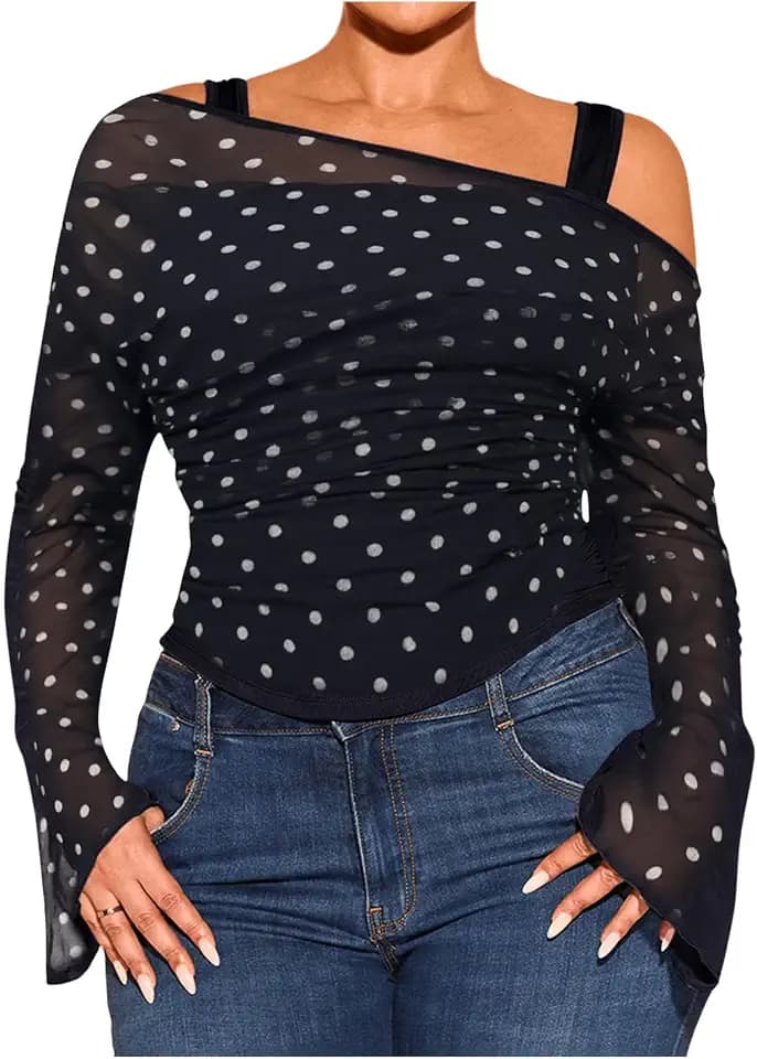 WDIRARA Women Plus Size 2 in 1 Off Shoulder Top Sheer Bell Long Sleeve Tee