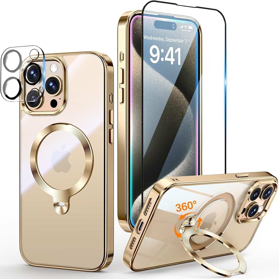 [Tri-Shield Protection] for iPhone 15 Pro Max Case with 360° Spin Stand Compatible with MagSafe [Magnetic CD Ring] [Screen & Camera Lens Protector] Shockproof Plating Never-Yellowing, Gold-6.7"