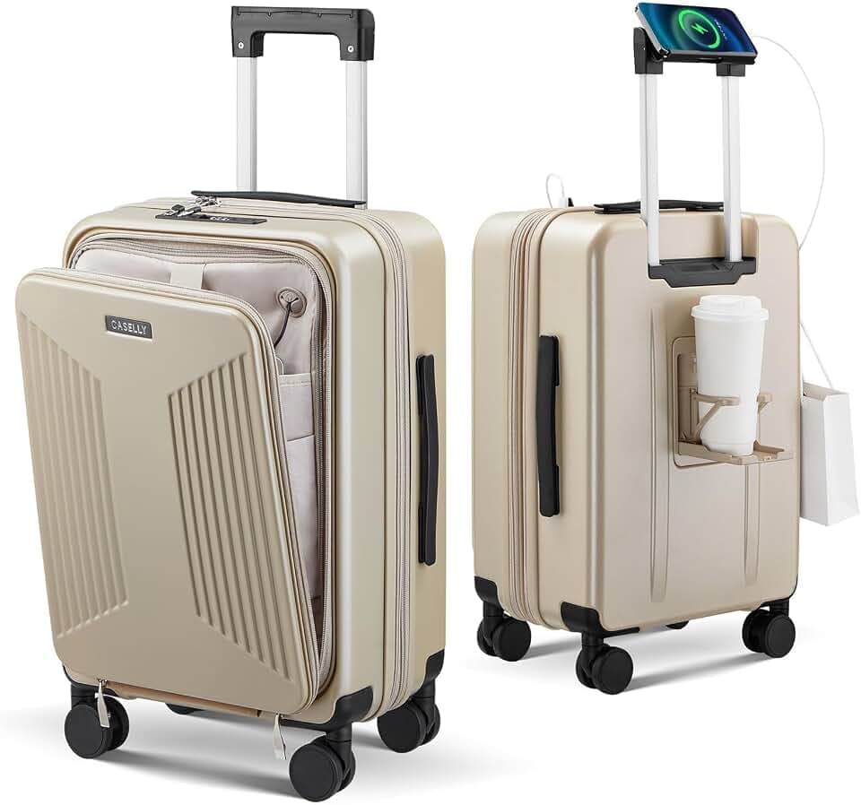 Carry on Luggage Top opening Suitcases, Expandable with Cup Holder and USB Charging Port,Lightweight with Front Pocket Rolling Suitcases with Spinner Wheels