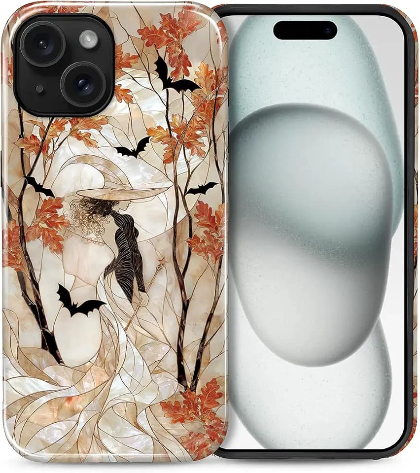 for iPhone 15 Plus Case,Hybrid 2 Layer Hard Shell Silicone Protective Case - Halloween Witch Forest - Scratch Resistant Shockproof Cover