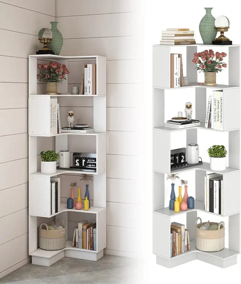 uyoyous bücherregal weiß, eckbücherregal mit 6 Ebenen, 175cm eckregal stehend, 90°L-förmiges Bücherregal für Arbeitszimmer Schlafzimmer Büro, 50x50x175 cm