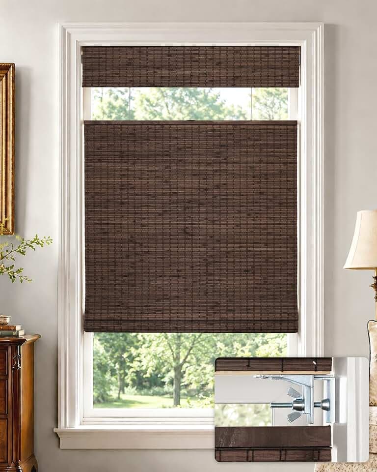 No Drill Cordless Bamboo Roman Shades, 35" W × 48" H, Espresso